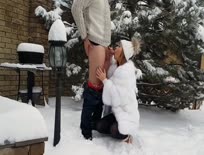 Outdoor Winter Blowjob and Cum on Her Pretty Face and Mouth - iPad Porn HD